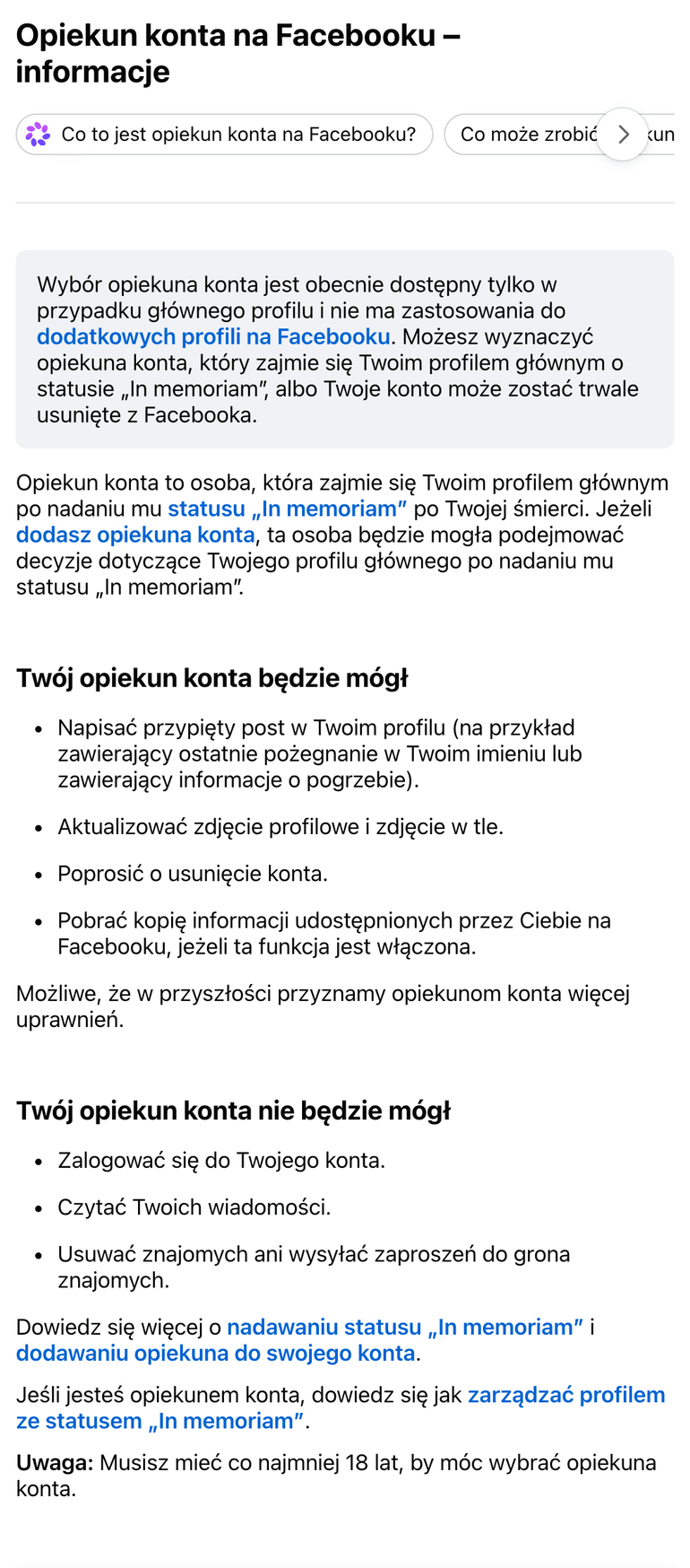 Zrzut ekranu strony Centrum pomocy Facebooka "Opiekun konta na Facebooku - informacje" z 28 października 2026 roku