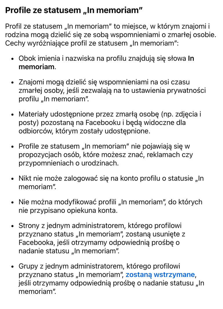 Zrzut ekranu fragmentu strony Centrum pomocy Facebooka "Co się stanie z Twoim profilem na Facebooku, kiedy odejdziesz?" z listą cech profilu In memoriam, z 28 października 2026 roku