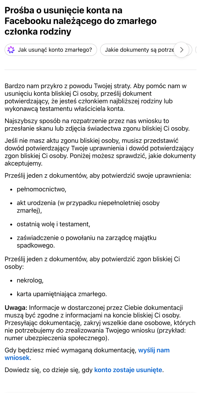 Zrzut ekranu strony Centrum pomocy Facebooka "Prośba o usunięcie konta na Facebooku należącego do zmarłego członka rodziny" z 28 października 2026 roku