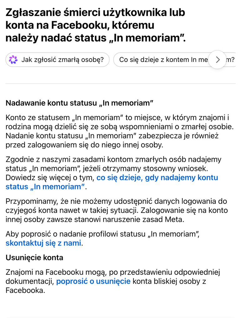 Zrzut ekranu strony Centrum pomocy Facebooka "Zgłaszanie śmierci użytkownika lub konta na Facebooku, któremu należy nadać status In memoriam" z 28 października 2026 roku
