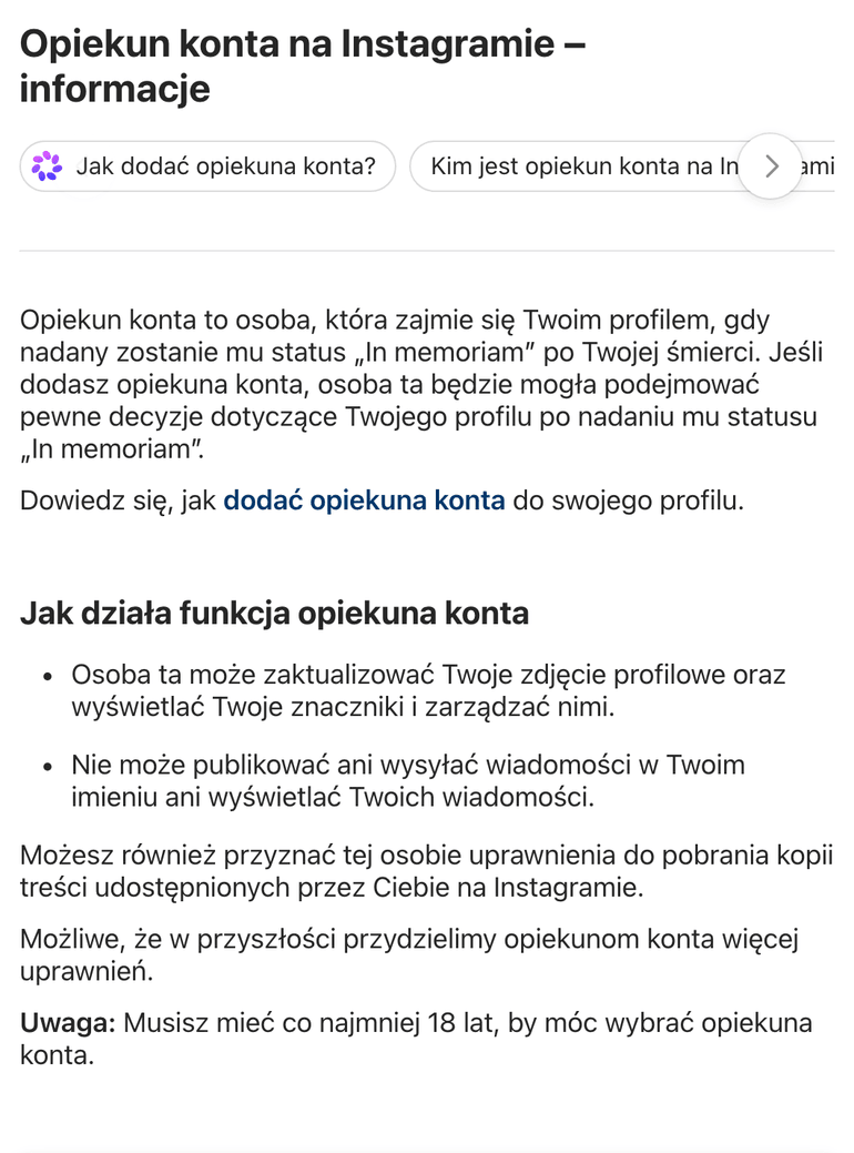 Zrzut ekranu strony Pomocy Instagrama "Opiekun konta na Instagramie - informacje" z 28 października 2026 roku