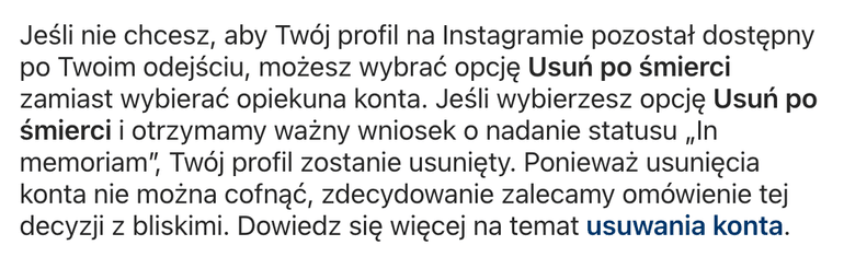Zrzut ekranu fragmentu strony Pomocy Instagrama o opcji Usuń po śmierci, z 28 października 2026 roku