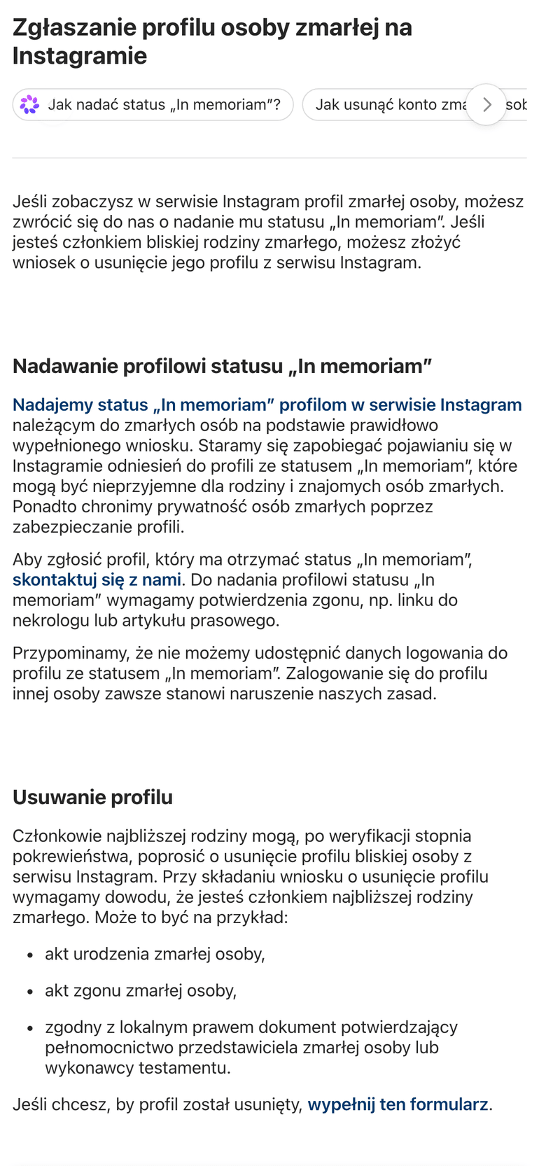 Zrzut ekranu strony Pomocy Instagrama "Zgłaszanie profilu osoby zmarłej na Instagramie" z 28 października 2026 roku