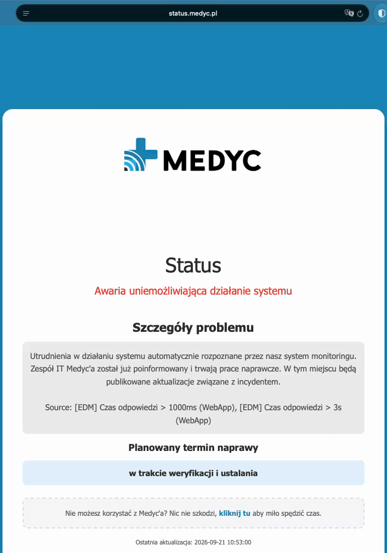 Zrzut ekranu strony status.medyc.pl z 21 września 2026 roku z komunikatem o awarii systemu