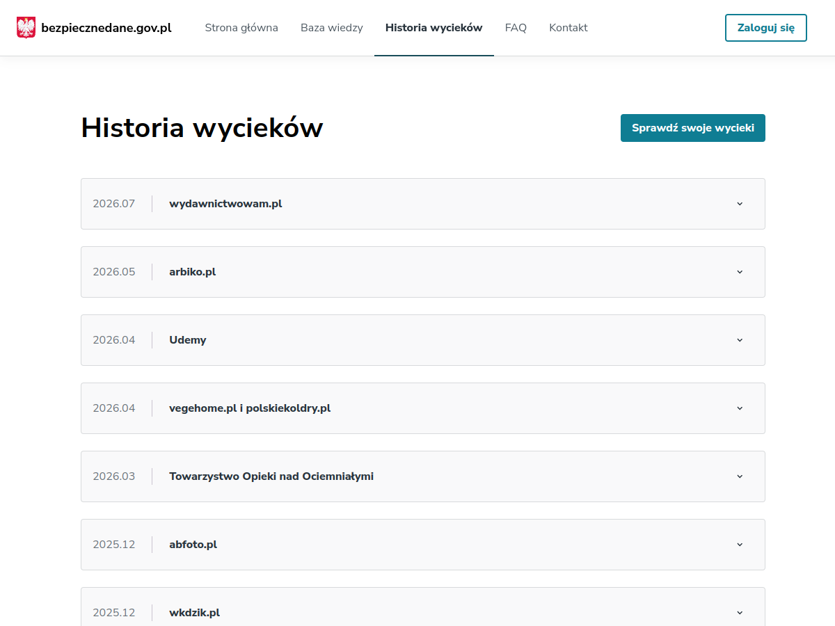 Podstrona Historia wycieków w serwisie bezpiecznedane.gov.pl: lista incydentów z datami, w której najnowszy wpis pochodzi z lipca 2026 i dotyczy serwisu wydawnictwowam.pl, a wycieku z firmy MyDr nie ma na liście