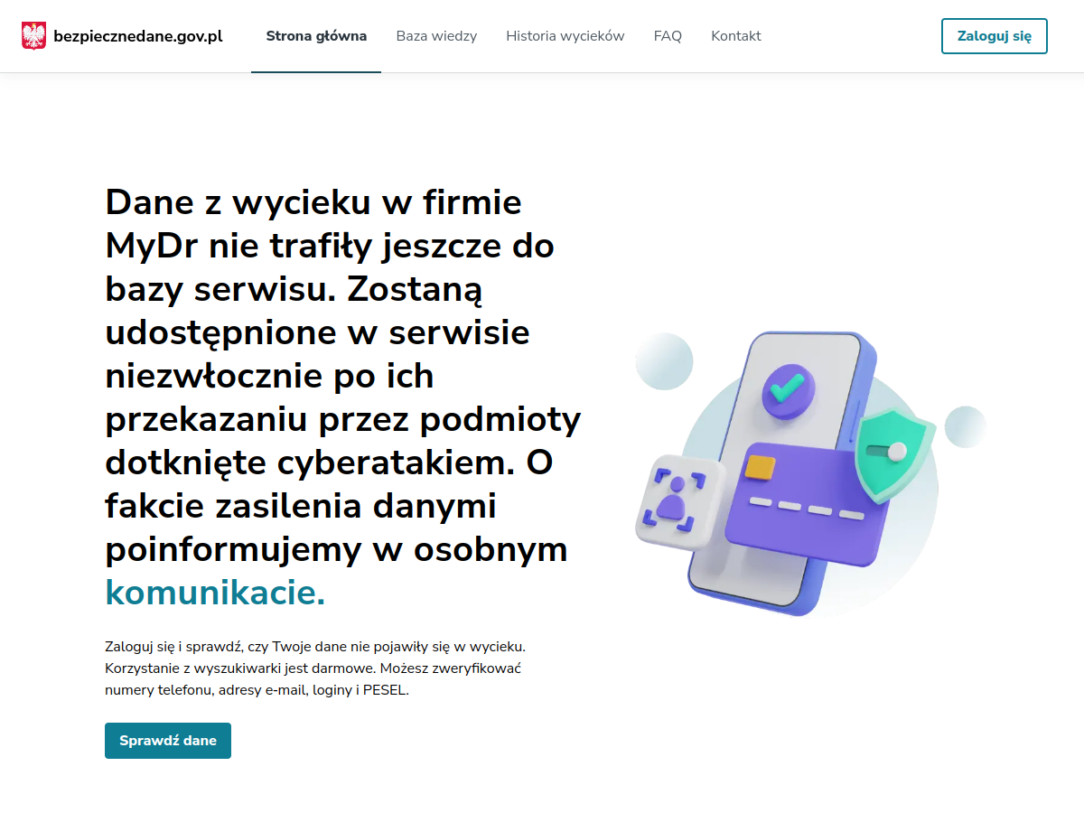 Strona główna serwisu bezpiecznedane.gov.pl z 15 sierpnia 2026: w nagłówku przycisk Zaloguj się, w treści komunikat o wycieku w firmie MyDr oraz przycisk Sprawdź dane, a w całym widoku nie ma pola do wpisania numeru PESEL