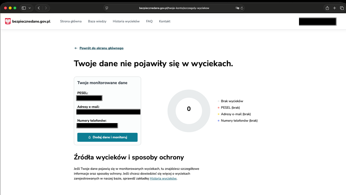Ekran wyniku po zalogowaniu w serwisie bezpiecznedane.gov.pl: nagłówek Twoje dane nie pojawiły się w wyciekach, karta z monitorowanym numerem PESEL, adresami e-mail i numerami telefonów oraz licznik pokazujący zero trafień w rozbiciu na te kategorie